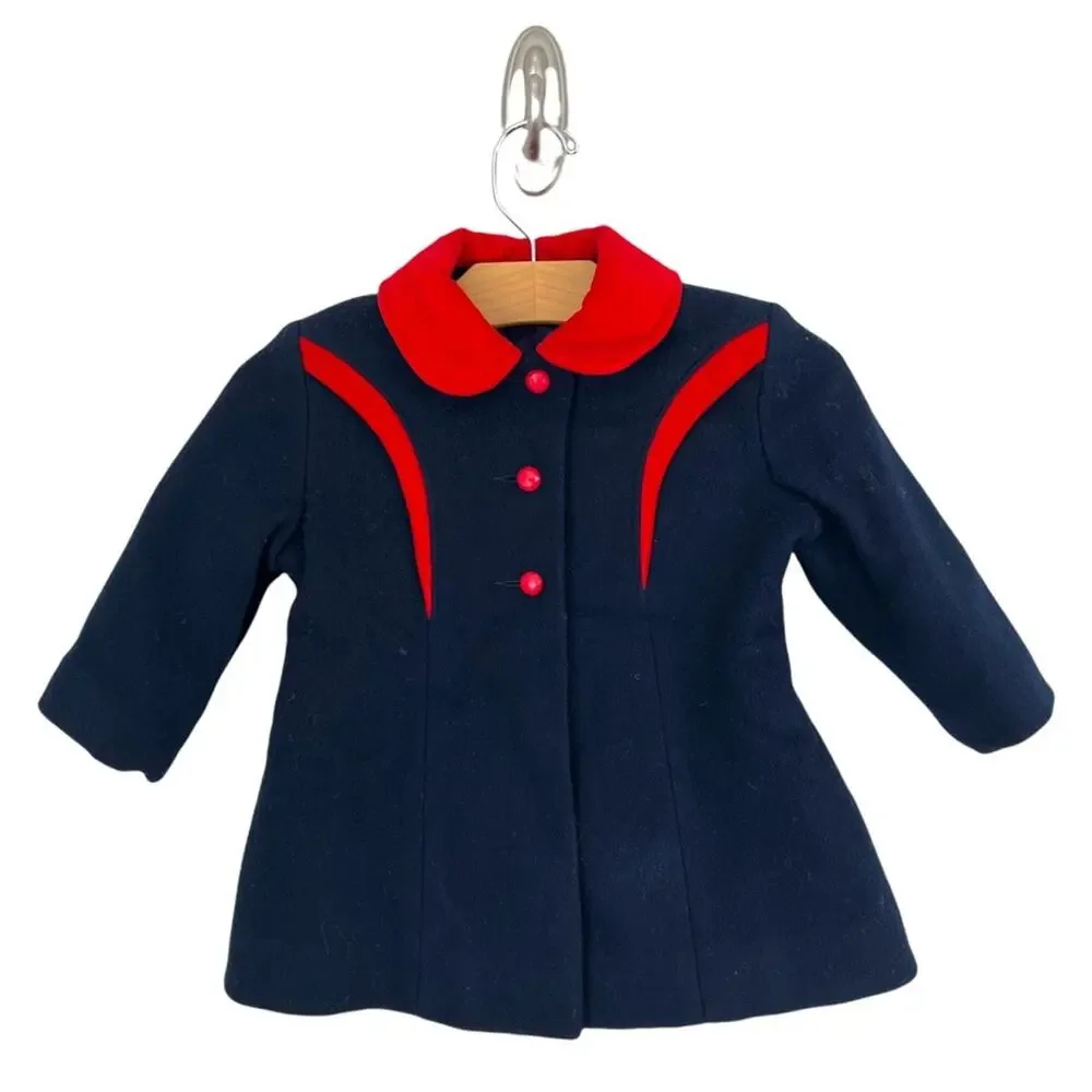 Vtg Rothschild Pea Coat Jacket Wool Navy Blue Red Button Front Union Made Sz S